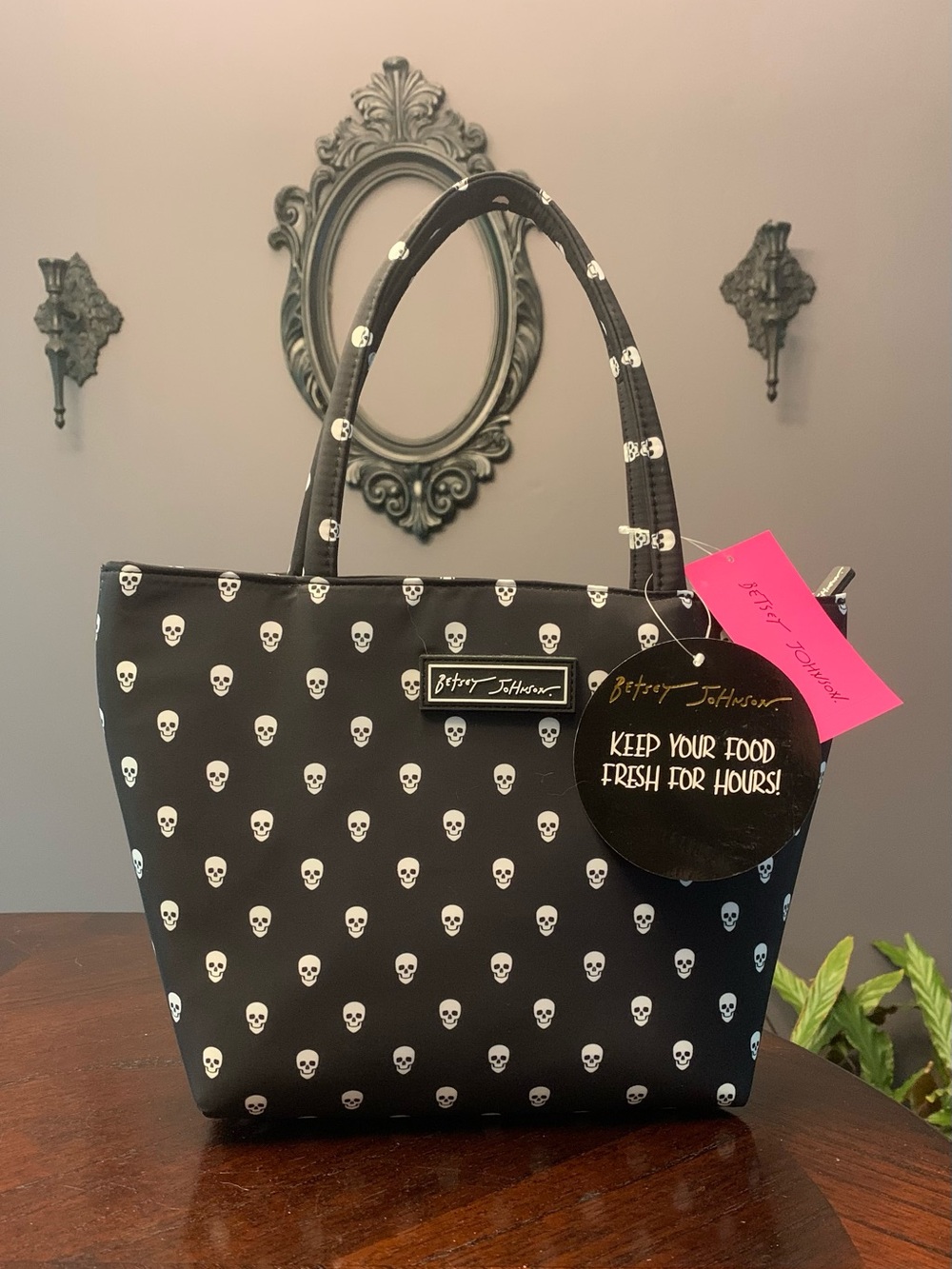Betsey Johnson Black and White Skull Print Insulated Tote